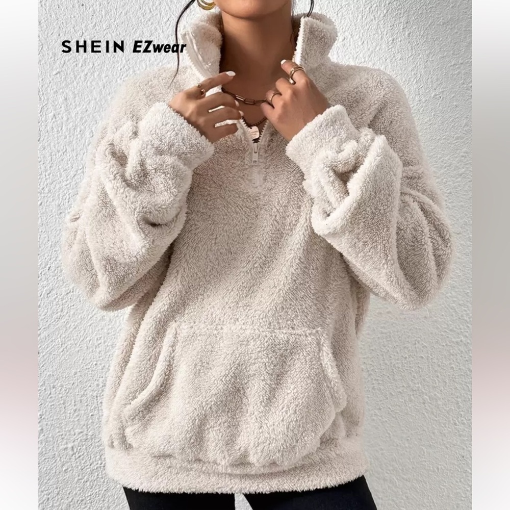 SHEIN EZwear Half Zip Pocket Drop Shoulder Teddy, Sweatshirt - Picture 1 of 9